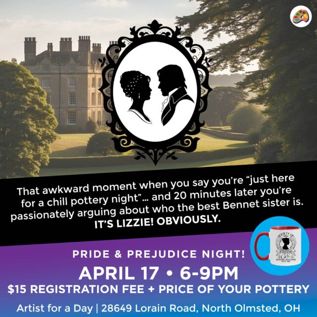 Calling all hopeless romantics, period drama lovers, and anyone who’s ever sighed, “You have bewitched me, body and soul…” ✨

Pride & Pottery Night is this Thursday—and it’s everything your Austen-loving heart desires. 💕 Paint your own pottery while we indulge in the timeless drama, tea, and the rerelease of Pride & Prejudice (2005).

😍 Cozy vibes.
🎨 Beautiful pottery.
👒 Austen-inspired silkscreens & images.
💬 Quote-alongs encouraged.

Whether you're Team Darcy, Team Bingley, or just here for the Mr. Collins chaos, we promise a night filled with charm, creativity, and maybe even a few longing glances across the studio.

🎟️ Seats are limited—get your ticket now and prepare to swoon:
https://app.getoccasion.com/p/n/SlHD54lh/v5

#PrideAndPottery #ArtistForADay #MrDarcyEnergy #JaneAustenNight #GirlsNightOut #NorthOlmstedEvents #PrideAndPrejudice #DarcySaidYes #JaneAustenVibes #GirlsNightGoals #prideandprejudicememes #keiraknightley #FavoriteMovies #clevelandevents